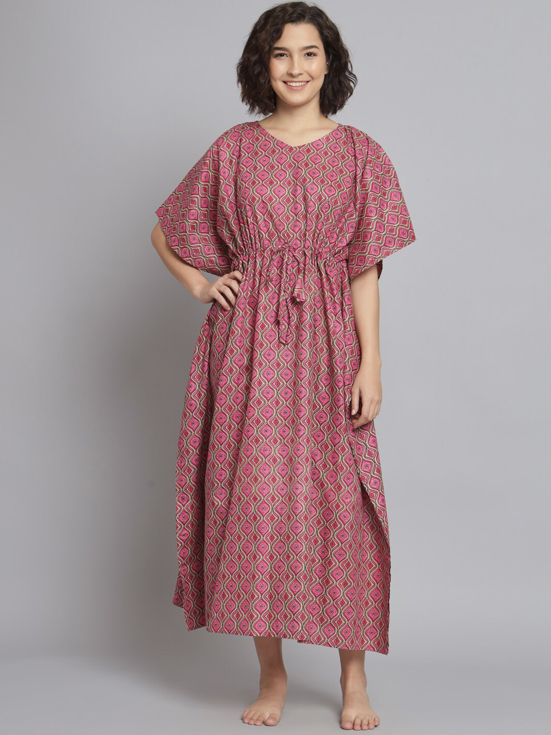 

SEPHANI Ethnic Motifs Printed Pure Cotton Kaftan Maxi Nightdress, Pink