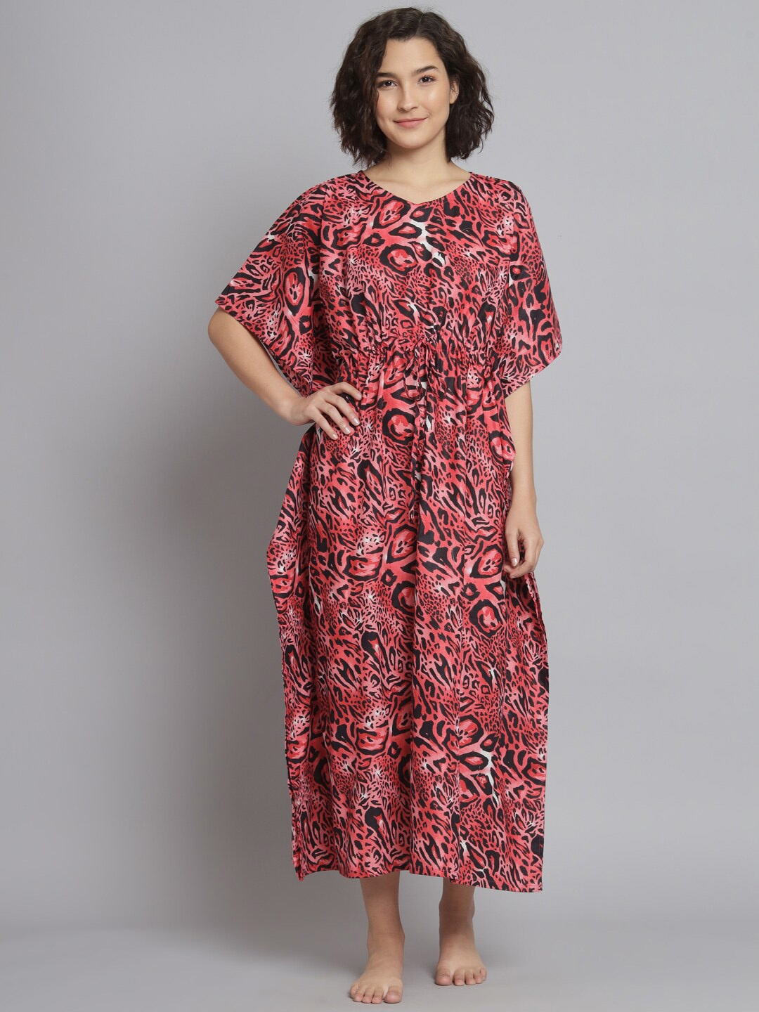 

SEPHANI Animal Printed Pure Cotton Kaftan Maxi Nightdress, Red