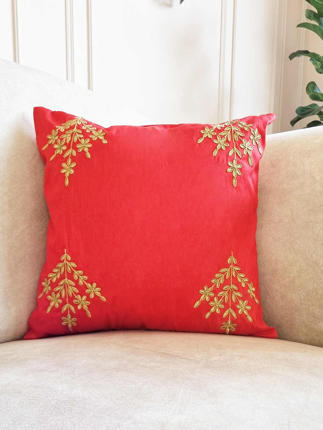 

Folkstorys Red & Gold-Toned Embroidered Square Cushion Cover