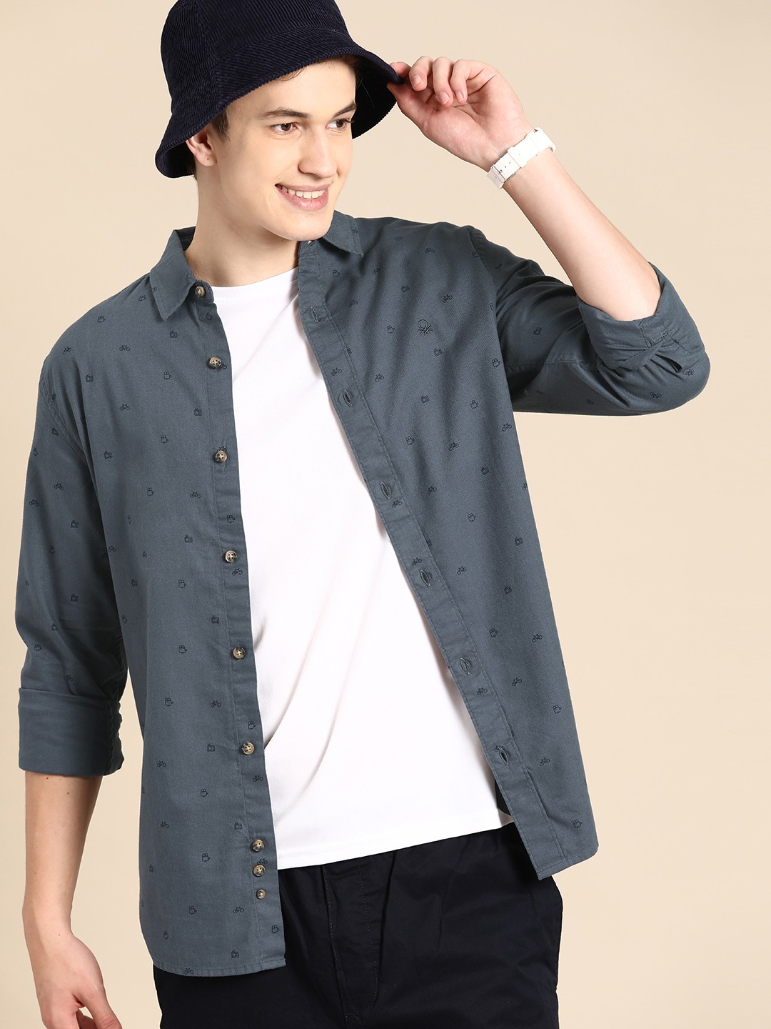 

United Colors of Benetton Micro Ditsy Printed Pure Cotton Twill Shirt, Navy blue