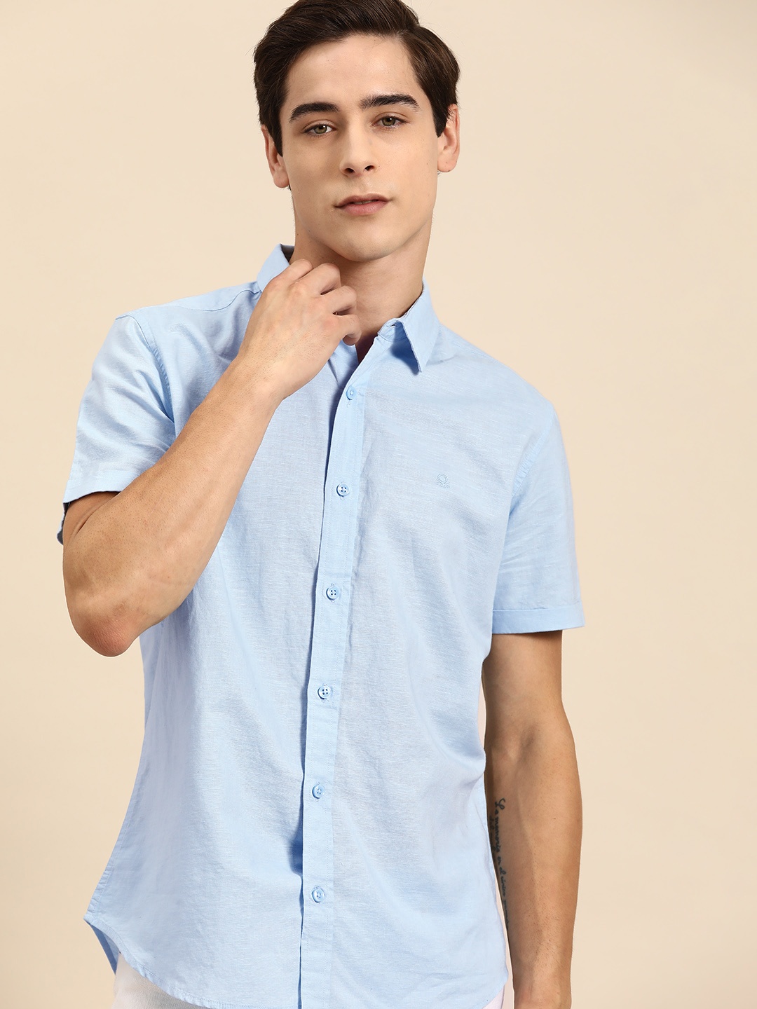 

United Colors of Benetton Linen Cotton Slim Fit Casual Shirt, Blue