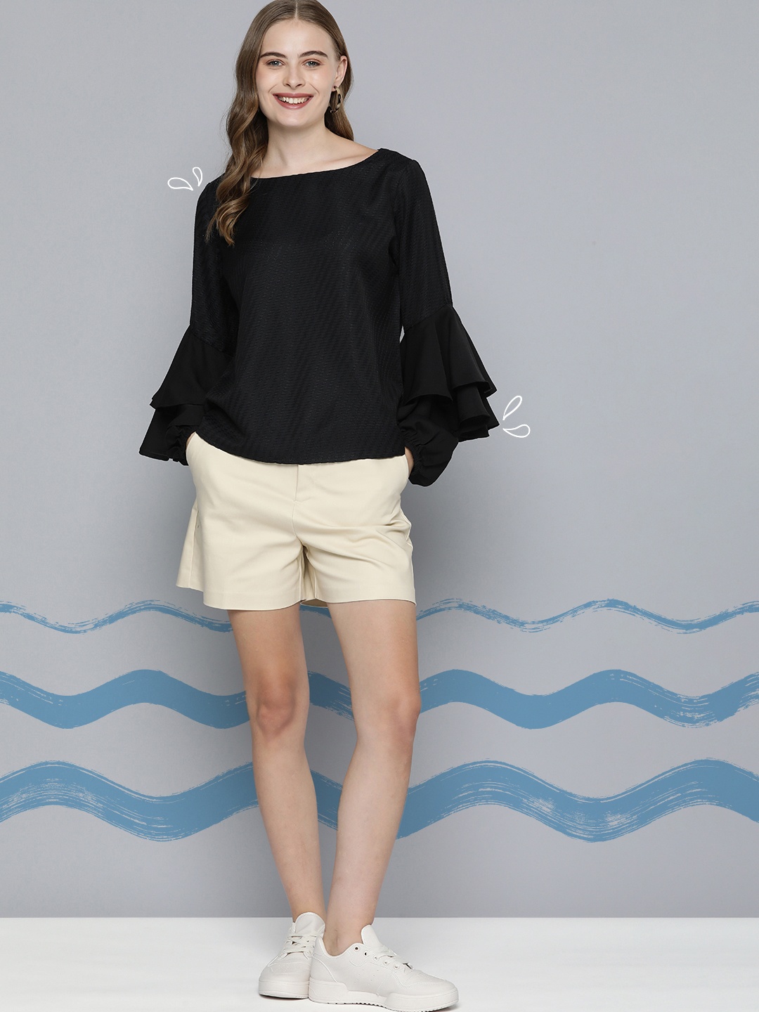 

Mast & Harbour Self Design Flutter Sleeve Top, Black