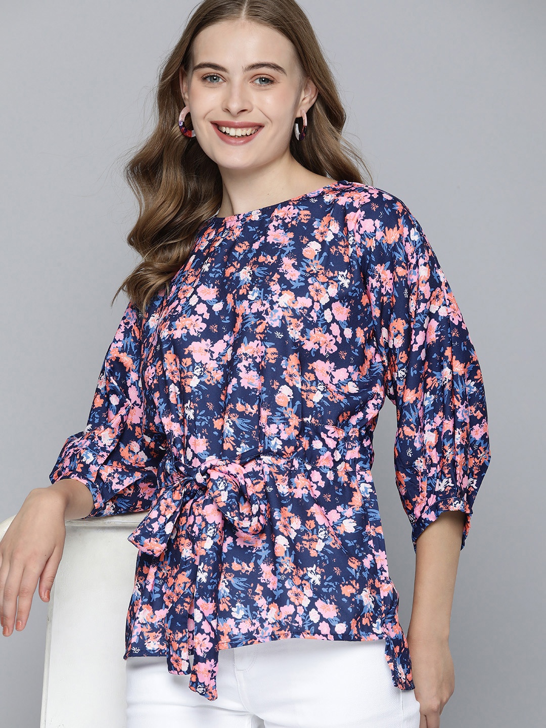 

Mast & Harbour Floral Print Extended Sleeves Top With Waist Tie Up Detailing, Navy blue