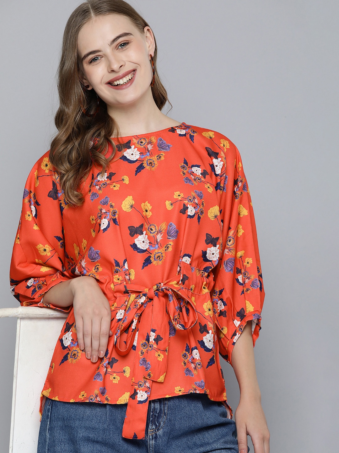 

Mast & Harbour Floral Printed Extended Sleeves Belted Detail Top, Orange