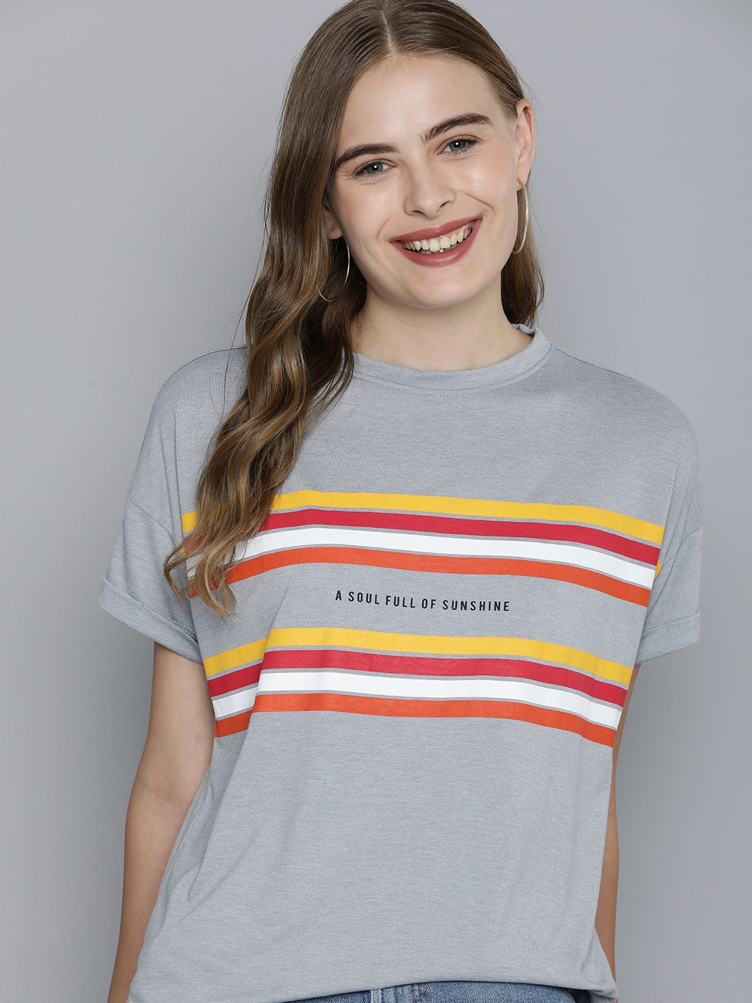 

Mast & Harbour Women Striped Pure Cotton T-shirt, Grey