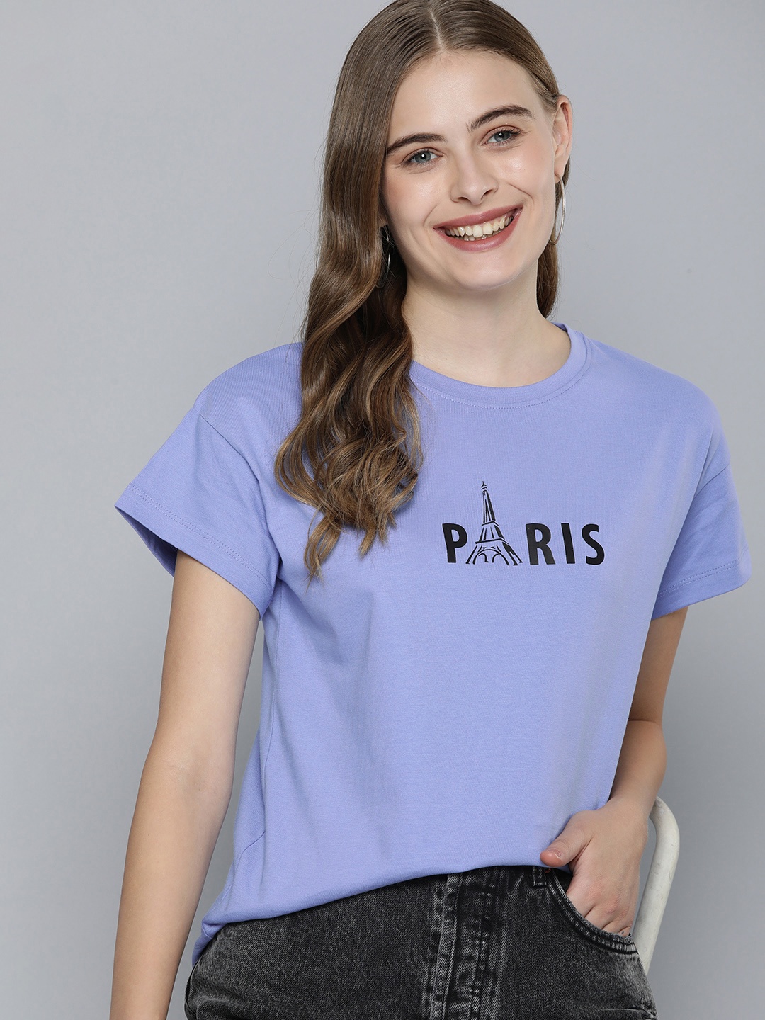 

Mast & Harbour Women Pure Cotton Typography Printed Drop-Shoulder T-shirt, Violet