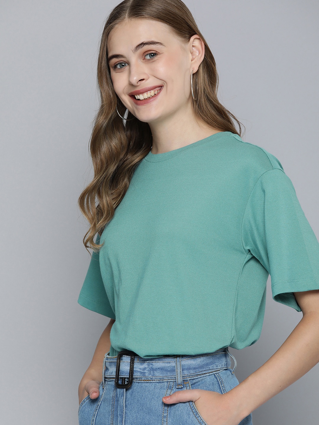 

Mast & Harbour Women Pure Cotton Drop-Shoulder Longline T-shirt, Sea green