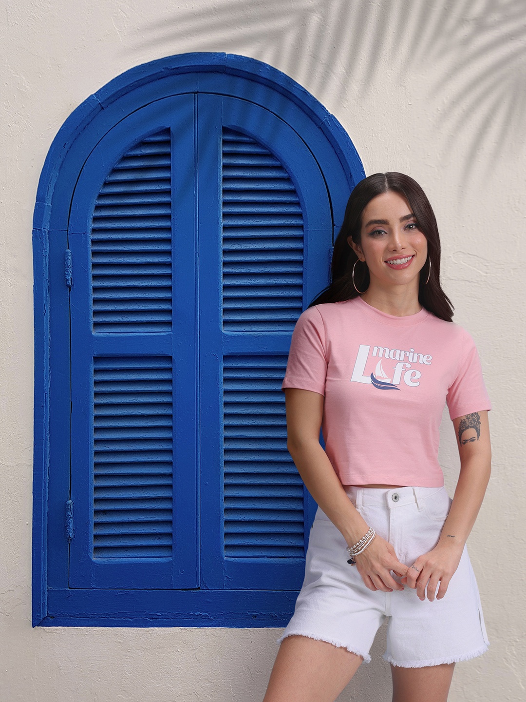 

Mast & Harbour Women Typography Printed Pure Cotton Cropped T-shirt, Pink