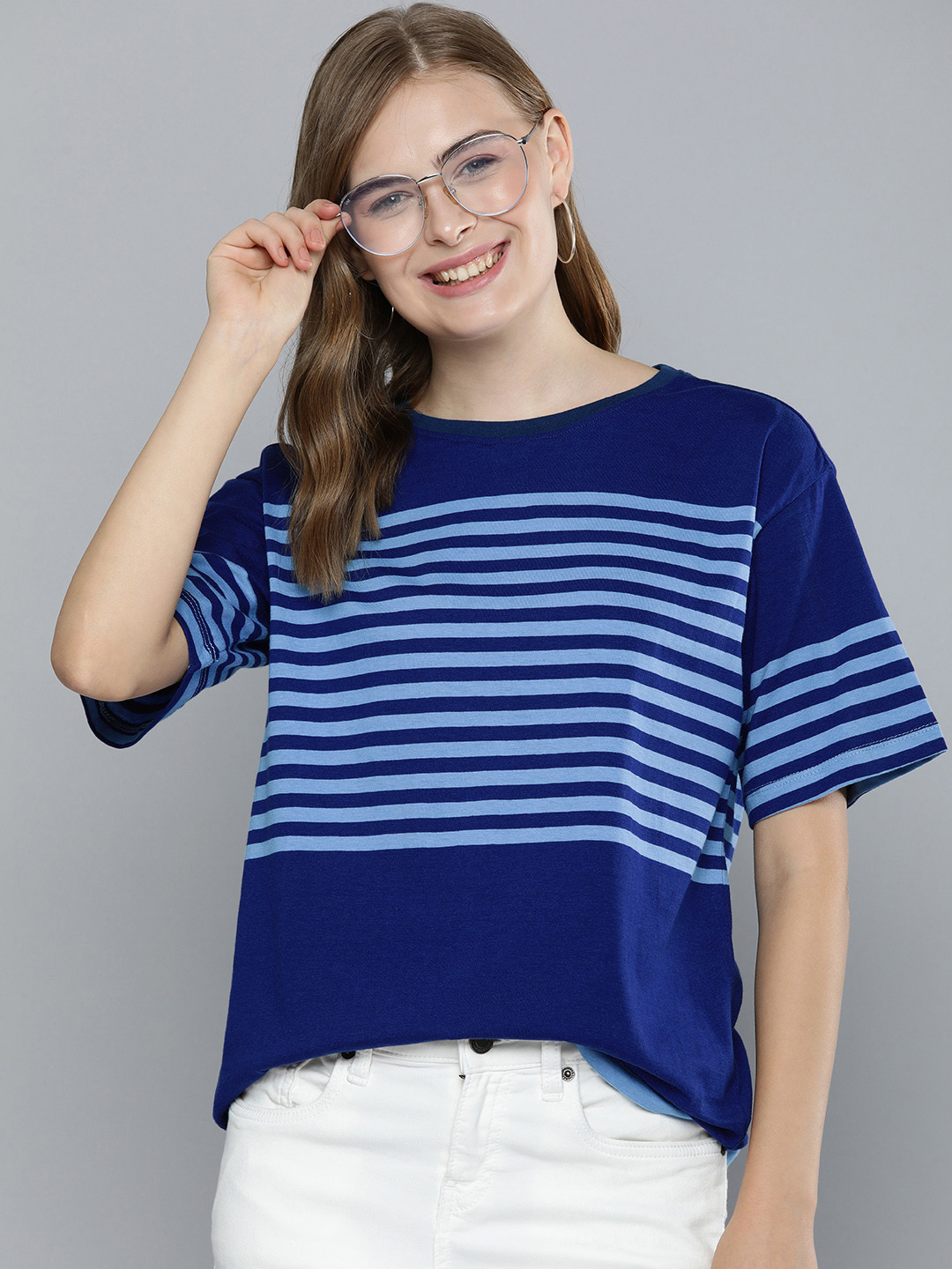 

Mast & Harbour Women Pure Cotton Striped Drop-Shoulder T-shirt, Blue