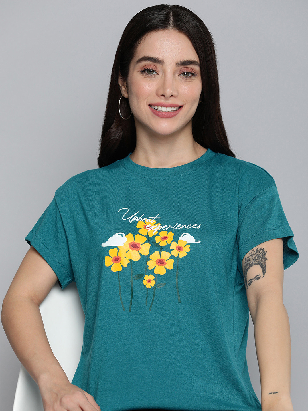 

Mast & Harbour Floral & Typography Print Drop-Shoulder Sleeves Knitted T-shirt, Teal