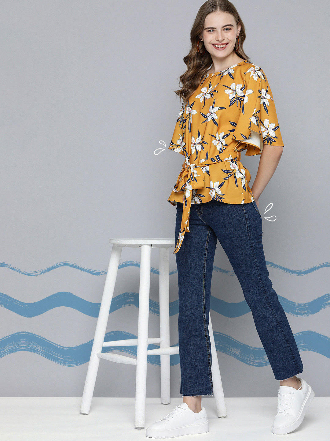 

Mast & Harbour Floral Printed Flutter Sleeves Belted Detail Top, Mustard