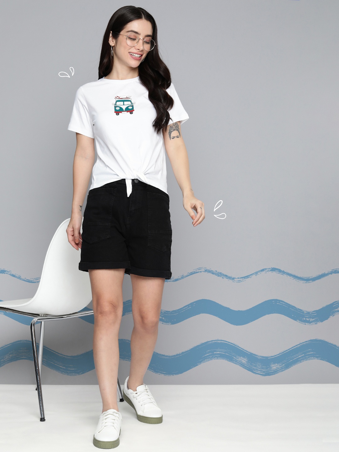 

Mast & Harbour Women Graphic Printed Round Neck T-shirt With Tie-Up Detail, White
