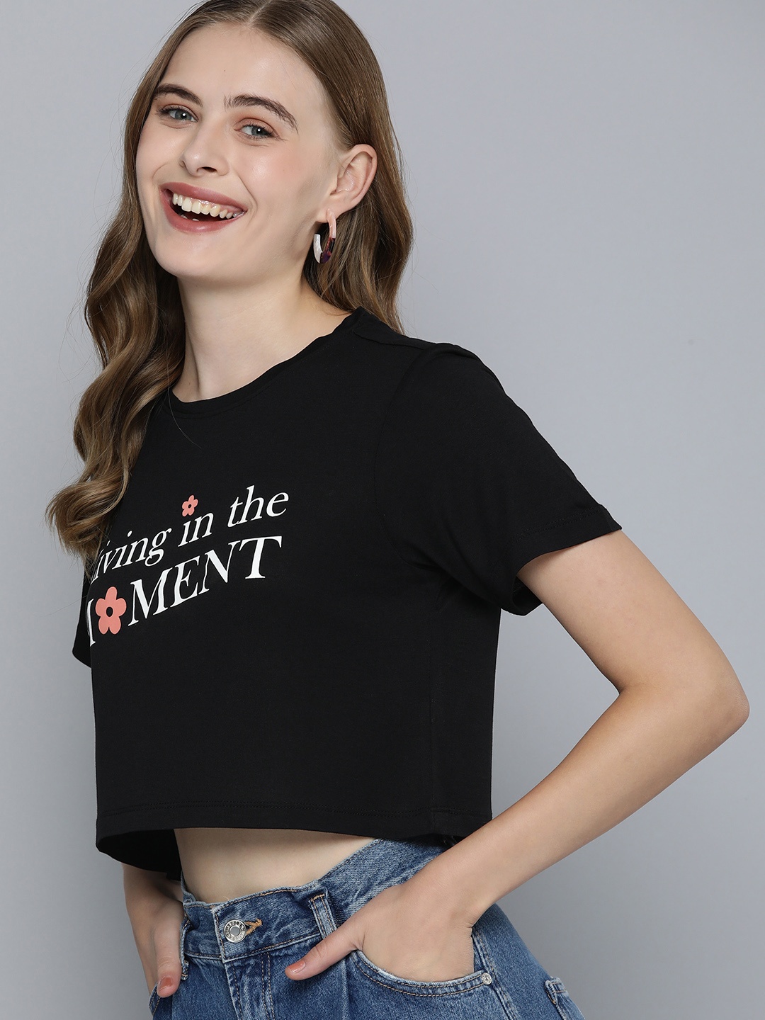 

Mast & Harbour Women Typography Printed Crop T-shirt, Black