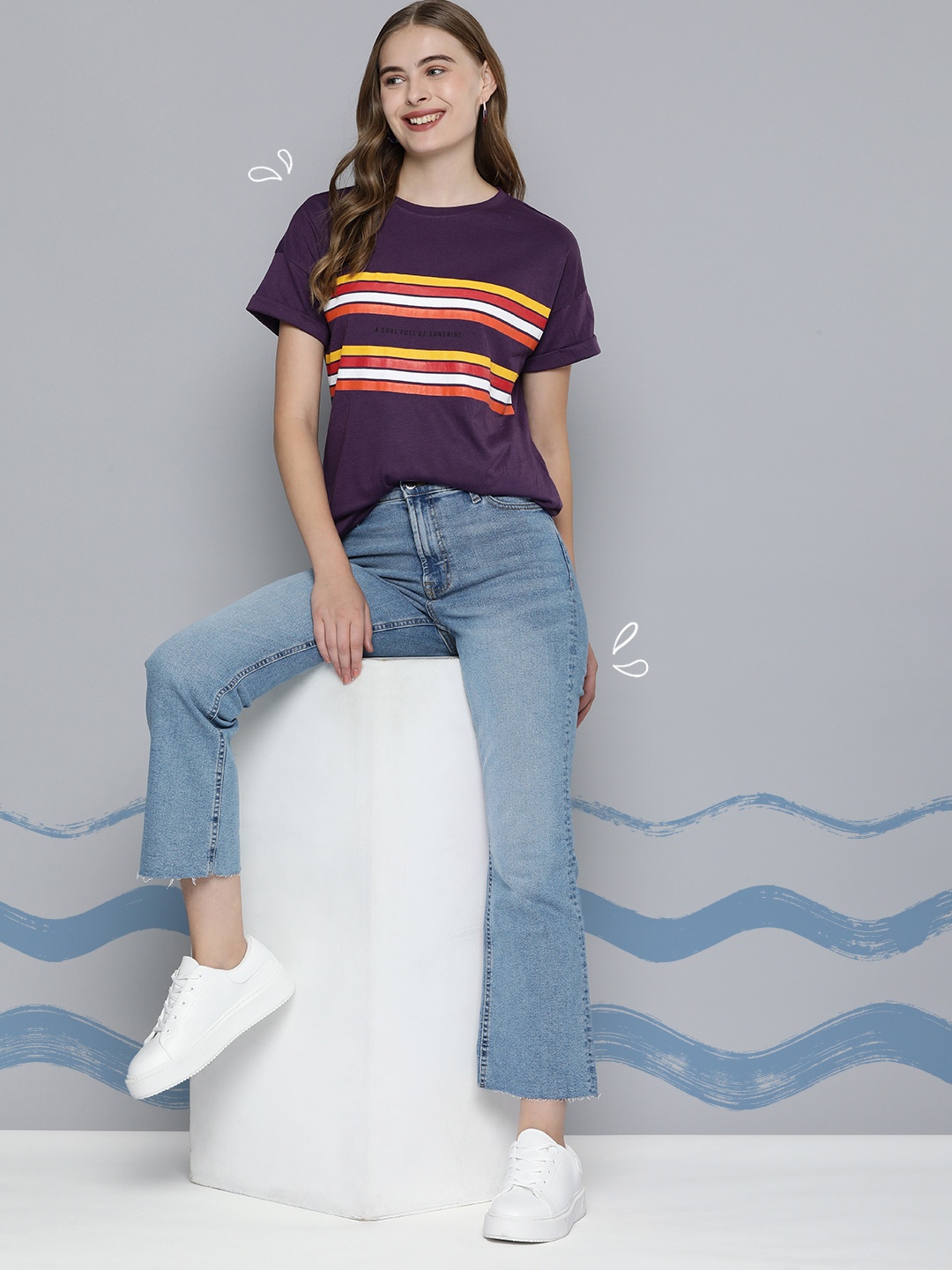 

Mast & Harbour Women Striped Drop-Shoulder Sleeves Pure Cotton T-shirt, Purple