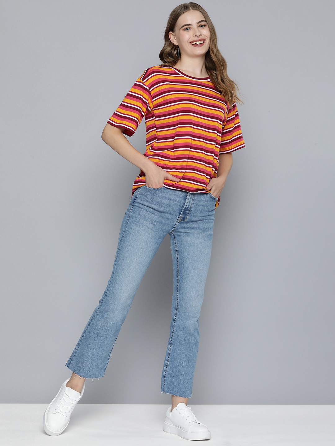 

Mast & Harbour Women Striped Pure Cotton T-shirt, Maroon