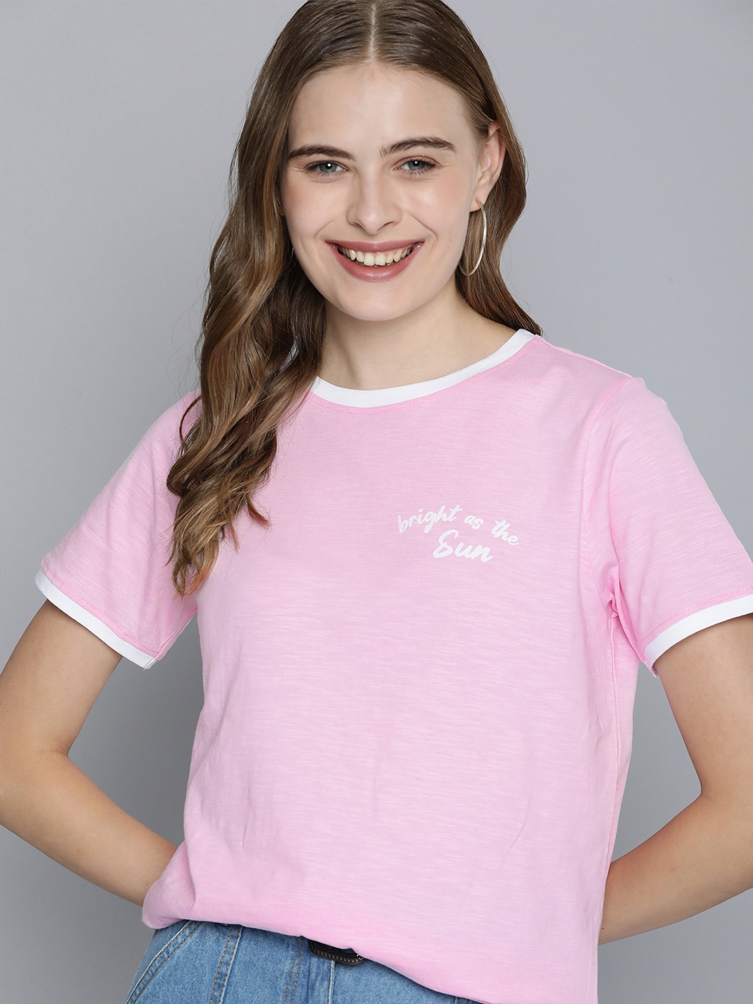 

Mast & Harbour Women Pure Cotton Solid With Print Detail T-shirt, Pink