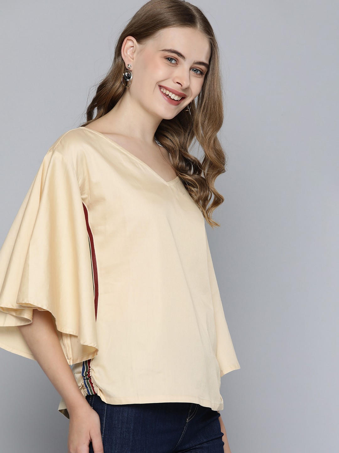 

Mast & Harbour V-Neck Flutter Sleeves Pure Cotton Top With Side Taping Detail, Beige