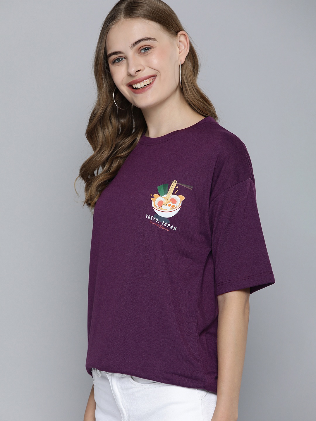 

Mast & Harbour Women Drop-Shoulder Longline T-shirt With Print Detail, Purple