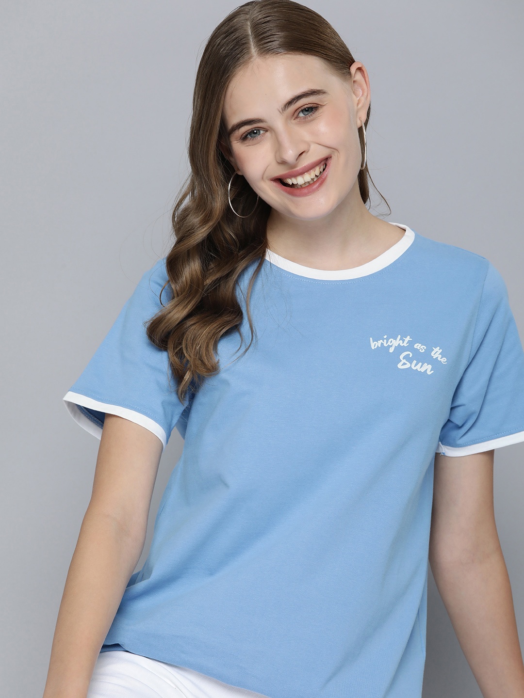 

Mast & Harbour Women Pure Cotton Solid With Print Detail T-shirt, Blue