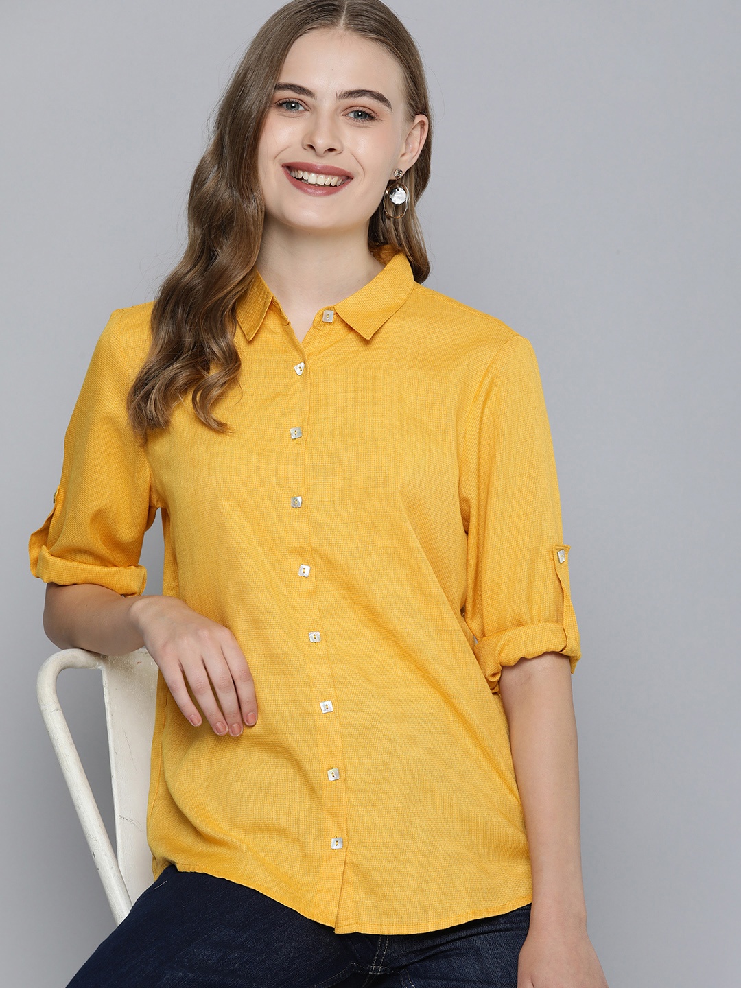 

Mast & Harbour Checked Styled Back Casual Shirt, Mustard