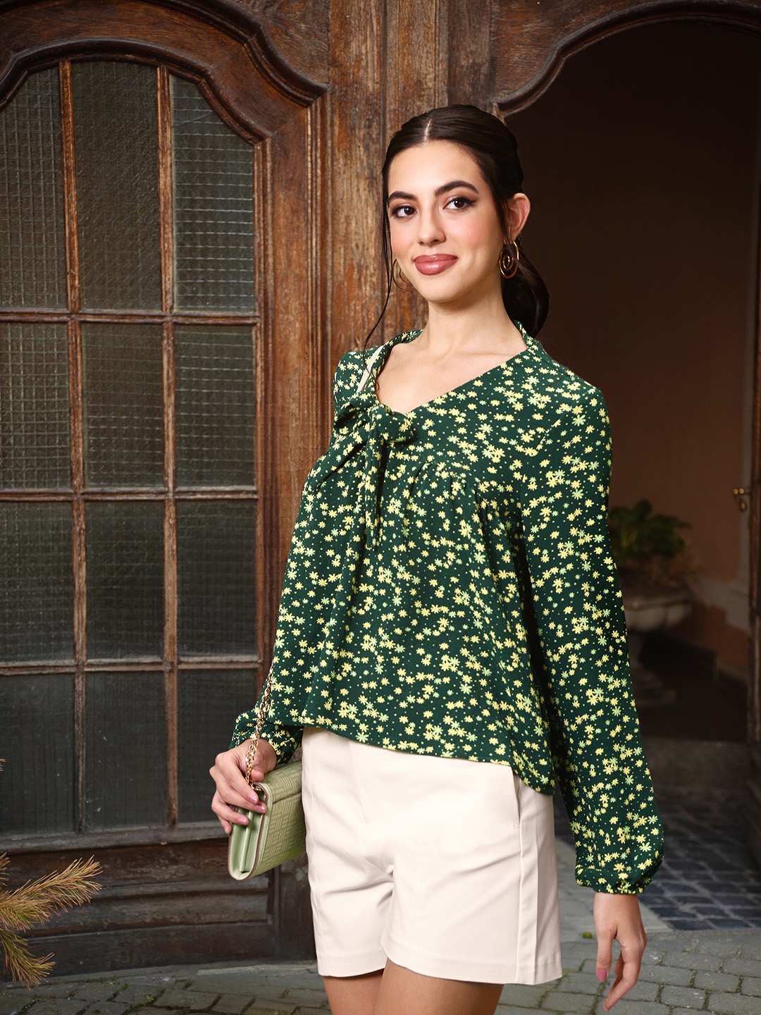 

DressBerry Printed Puff Sleeves Top, Green