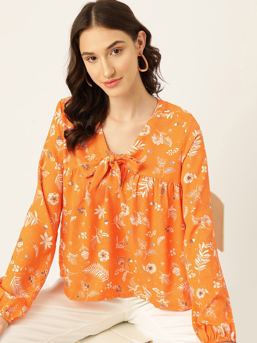

DressBerry Floral Print Tie-Up Neck Puff Sleeves Empire Top, Orange