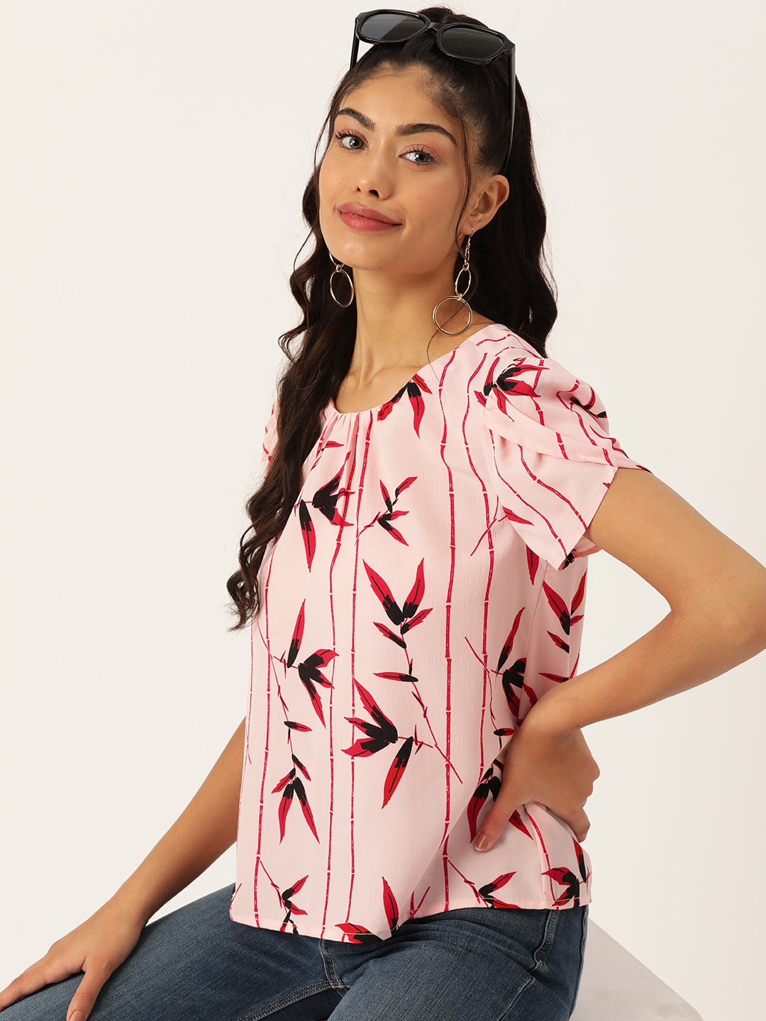

DressBerry Printed Puff Sleeves Top with Gathers, Pink