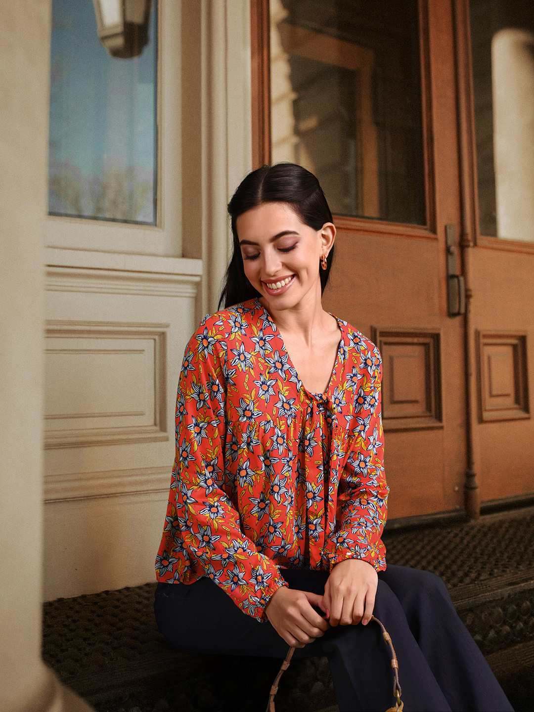 

DressBerry Floral Printed Puff Sleeves Top, Red