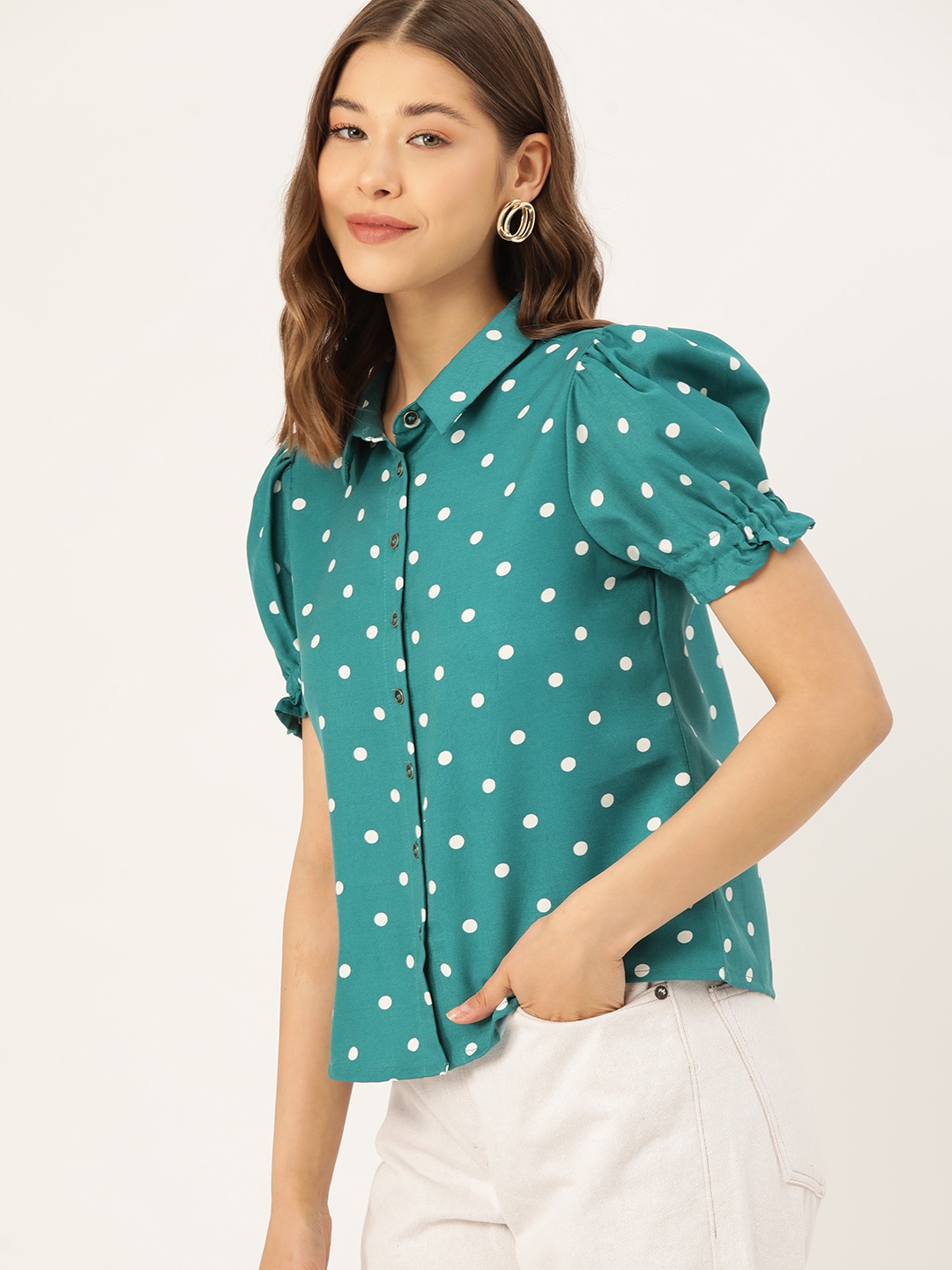 

DressBerry Polka Dot Print Puff Sleeve Shirt Style Top, Teal