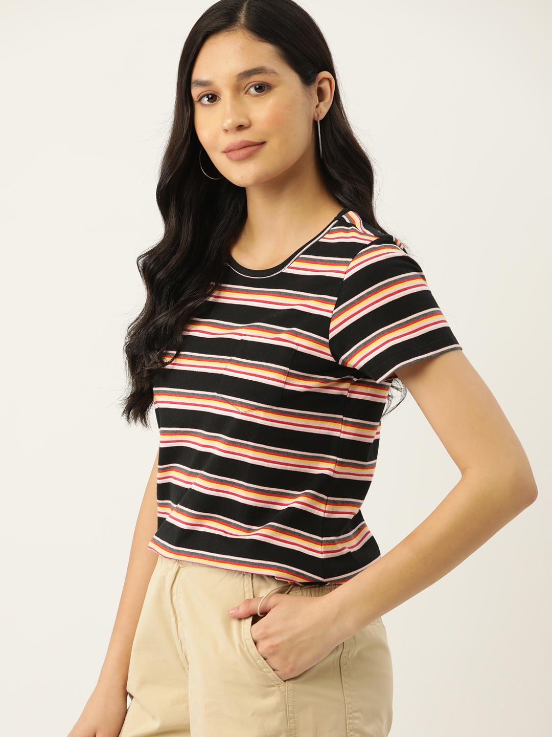 

DressBerry Women Black & Pink Striped Pockets T-shirt