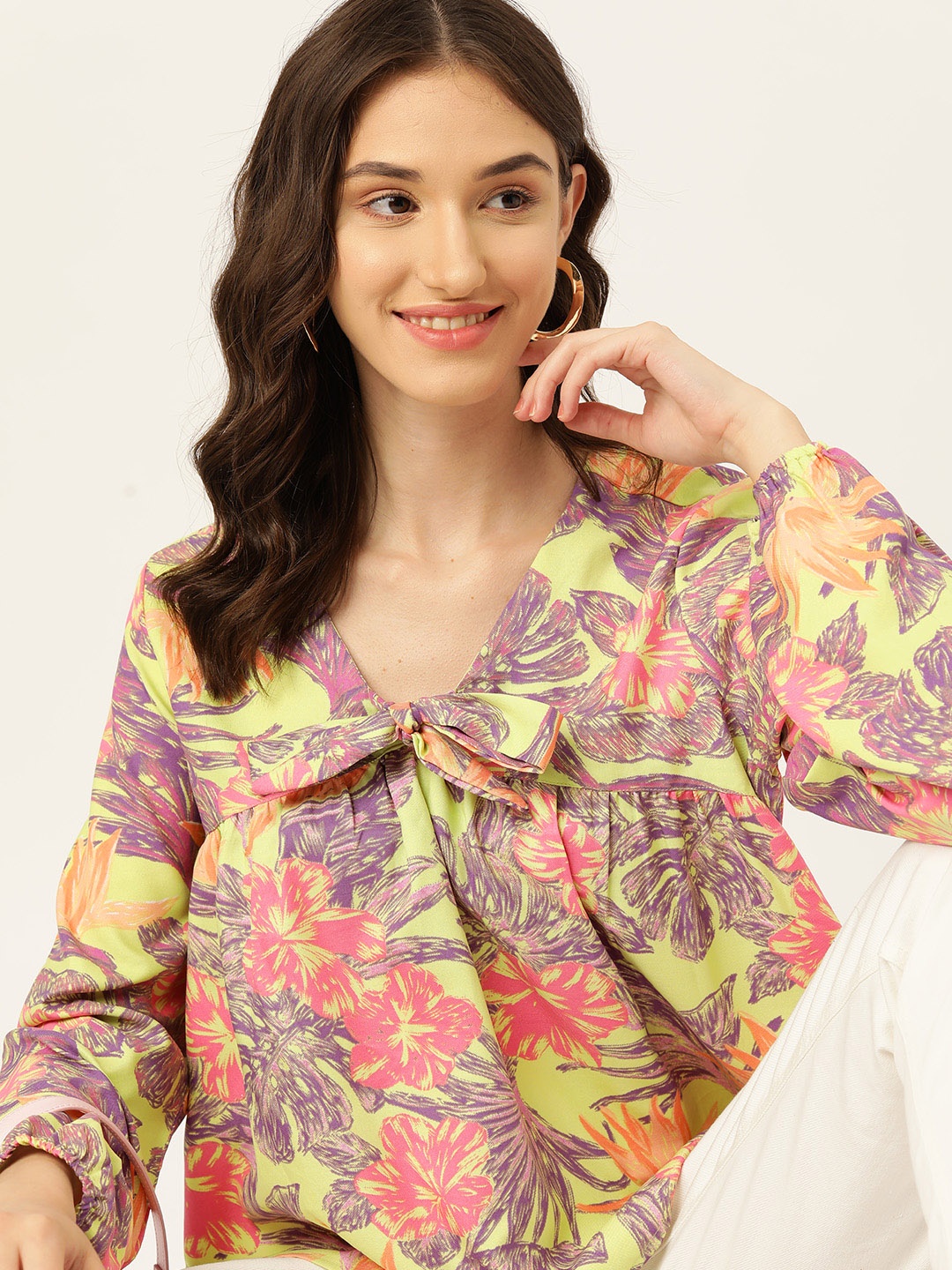 

DressBerry Floral Print Tie-Up Neck Puff Sleeves Empire Top, Lime green