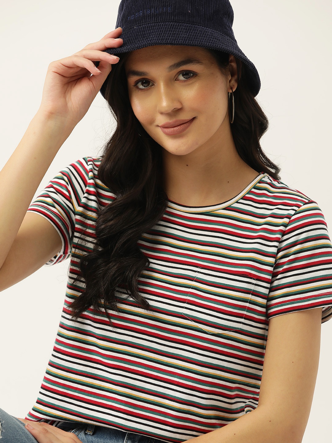

DressBerry Women Striped Pocket T-shirt, White