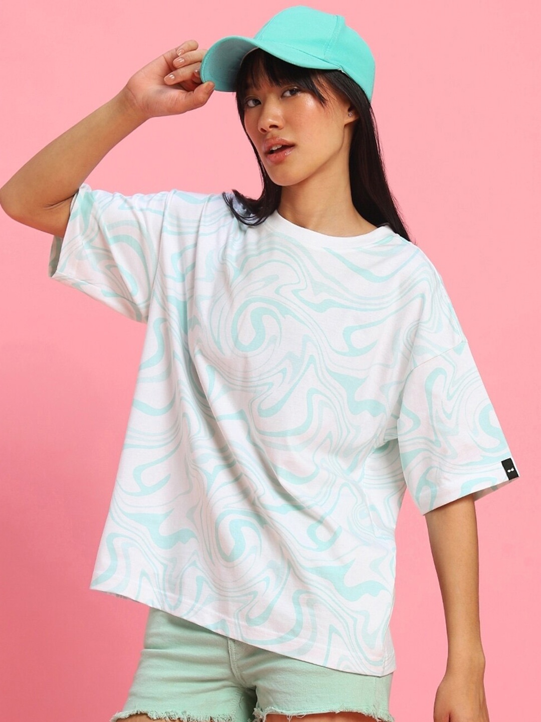 

Bewakoof Blue & White Round Neck Oversized Cotton T-shirt