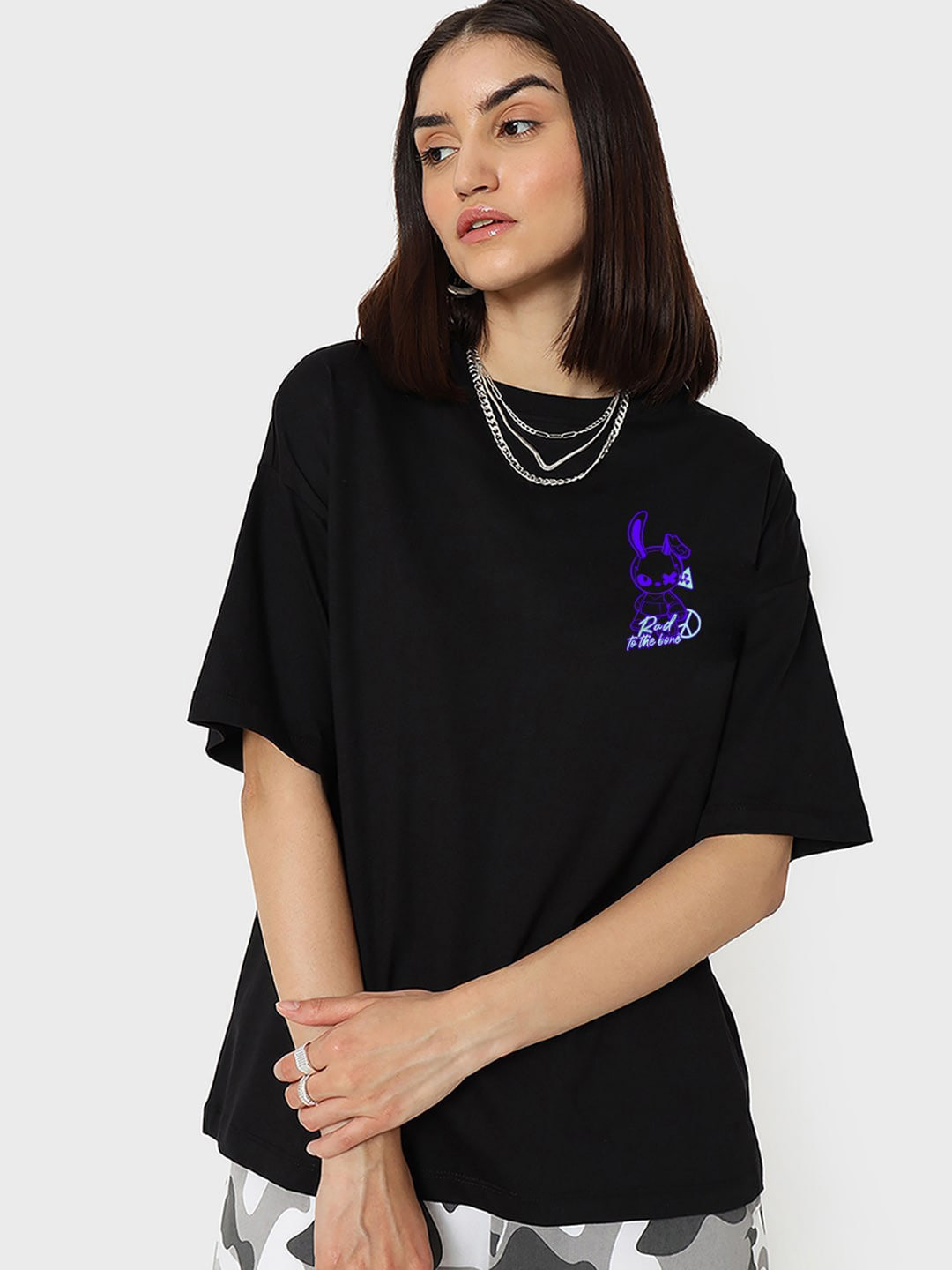 

Bewakoof Black Graphic Printed Oversized Cotton T-shirt