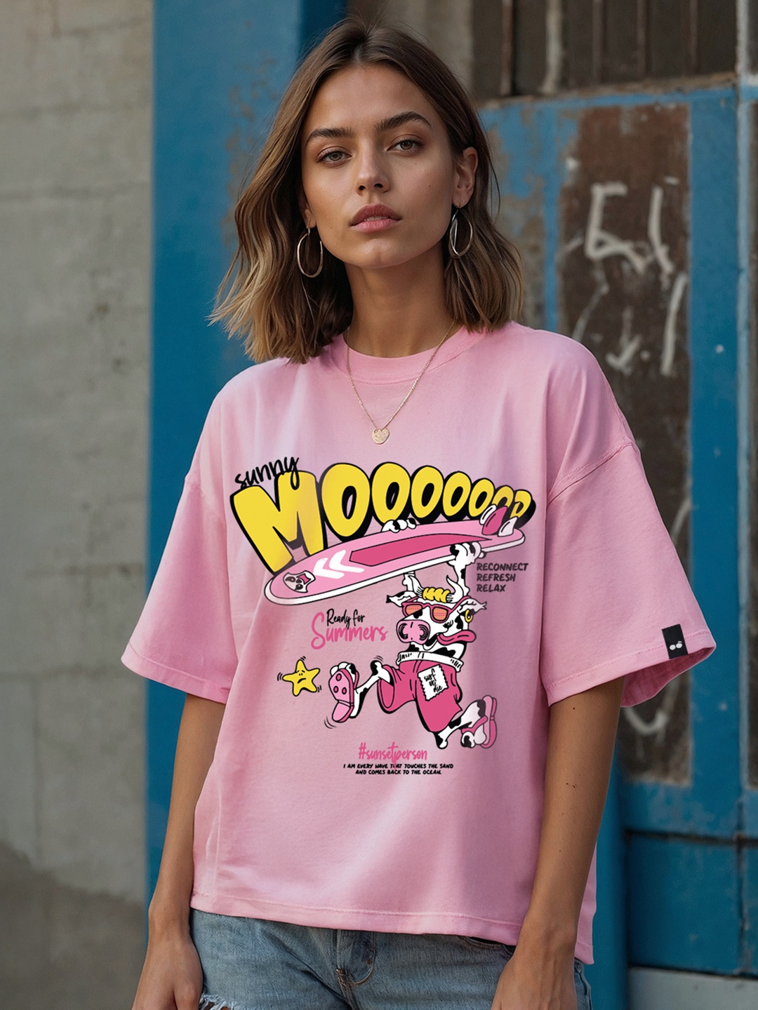 

Bewakoof Pink Pink Sunny Moooood Printed Oversized Cotton T-shirt