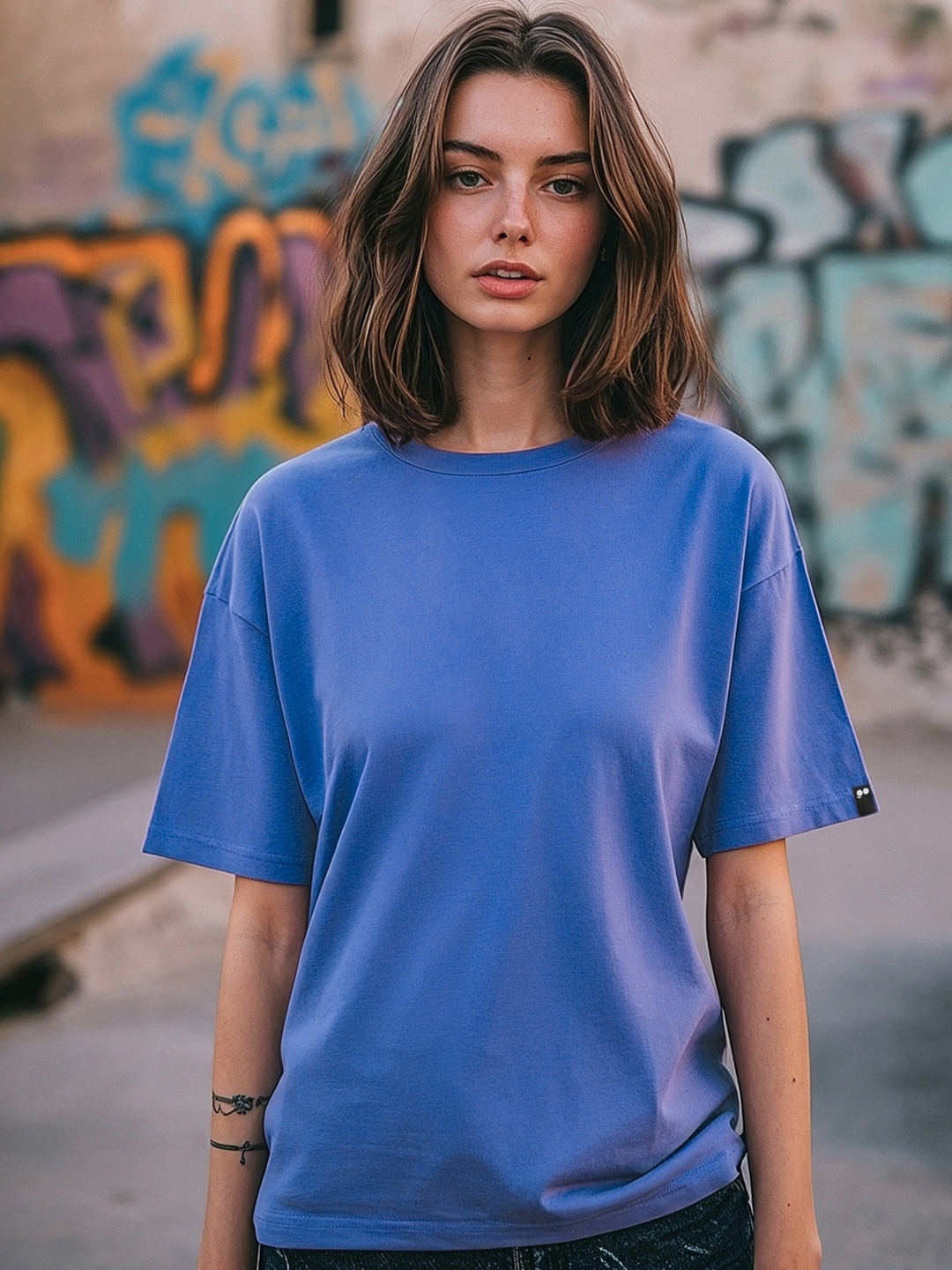 

Bewakoof Solid Drop-Shoulder Sleeves Oversized T-shirt, Blue