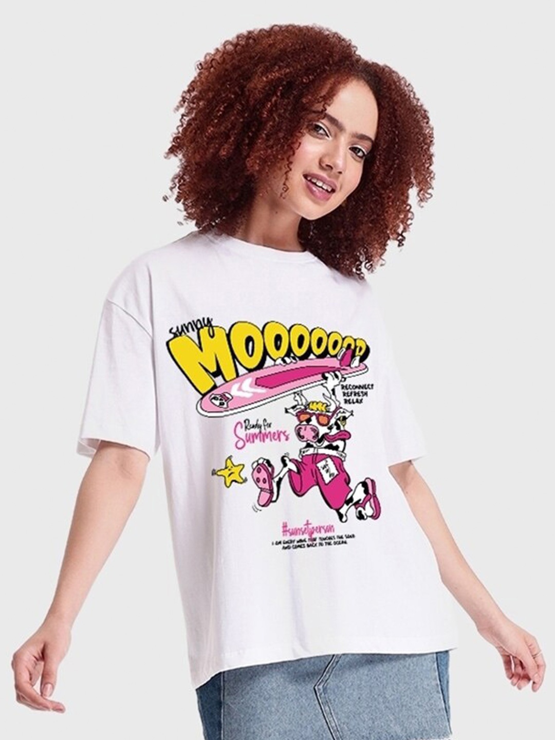 

Bewakoof White & Pink Graphic Printed Drop-Shoulder Oversized Cotton Casual T-Shirt