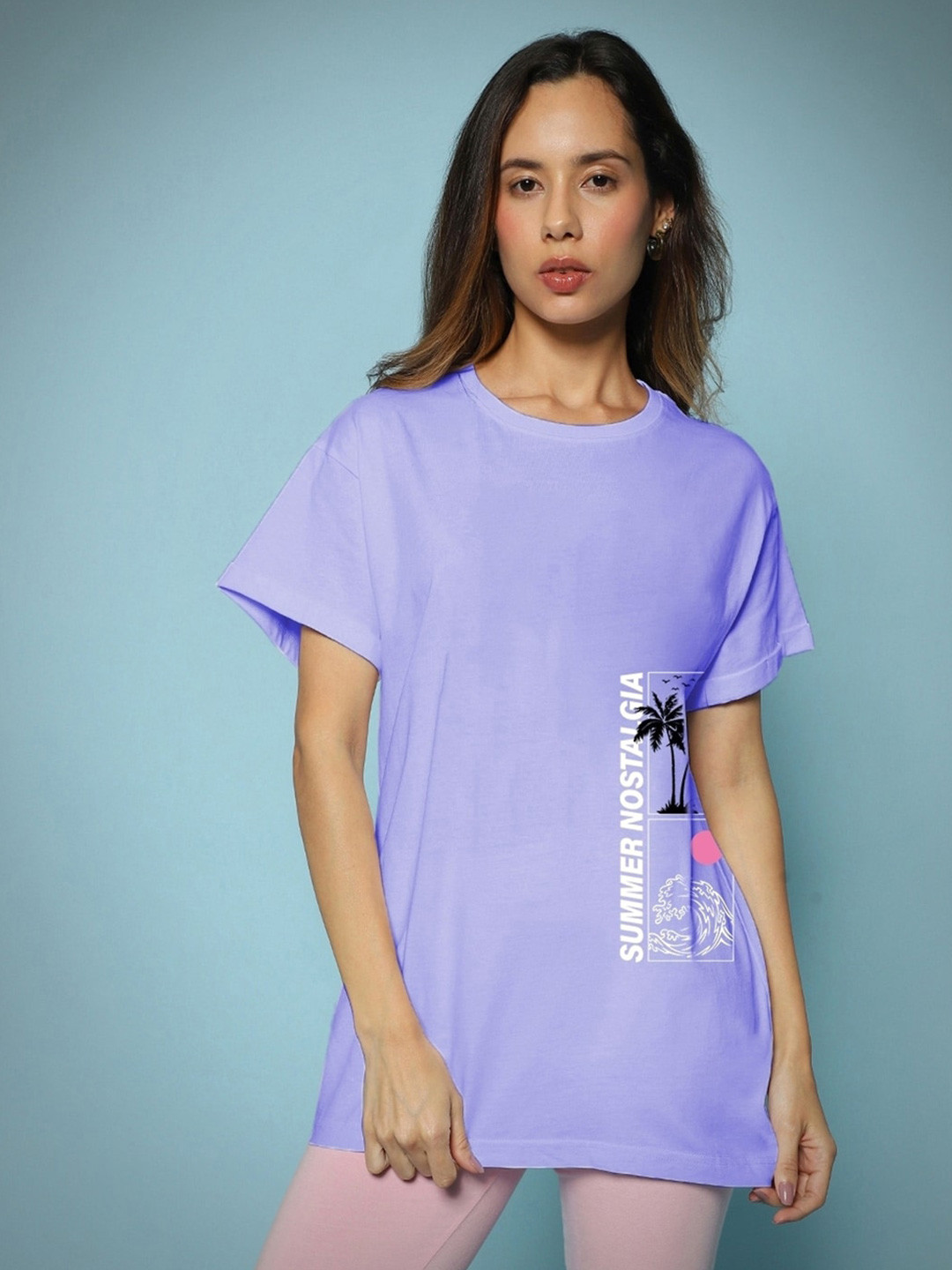 

Bewakoof Purple Graphic Printed Longline Loose Cotton T-shirt