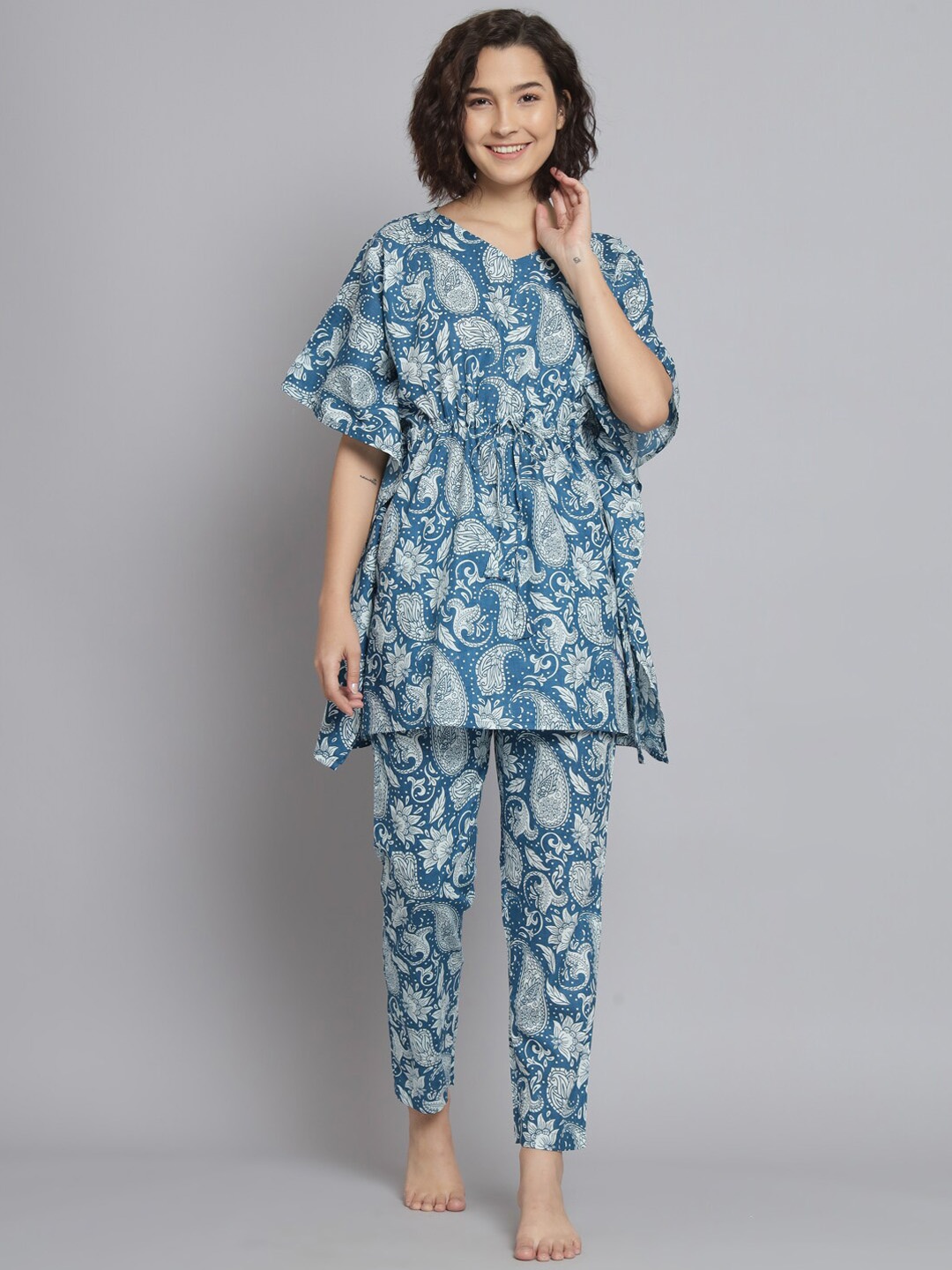 

SEPHANI Ethnic Motifs Printed Pure Cotton Kaftan Night Suit, Blue