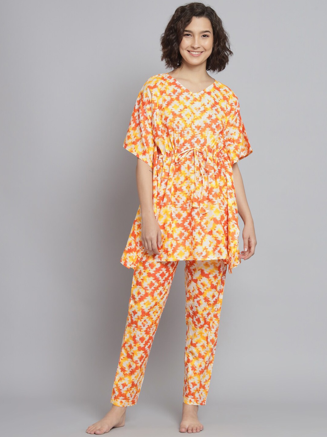 

SEPHANI Abstract Printed Pure Cotton Kaftan Night Suit, Orange