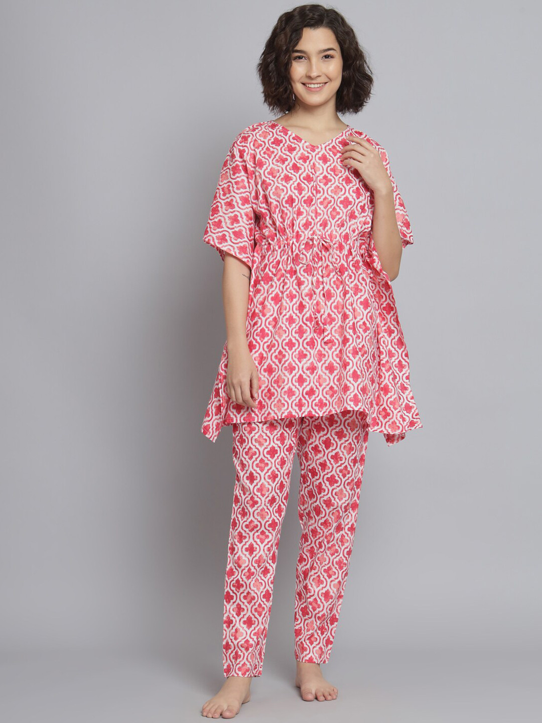 

SEPHANI Ethnic Motifs Printed Pure Cotton Kaftan Night Suit, Red