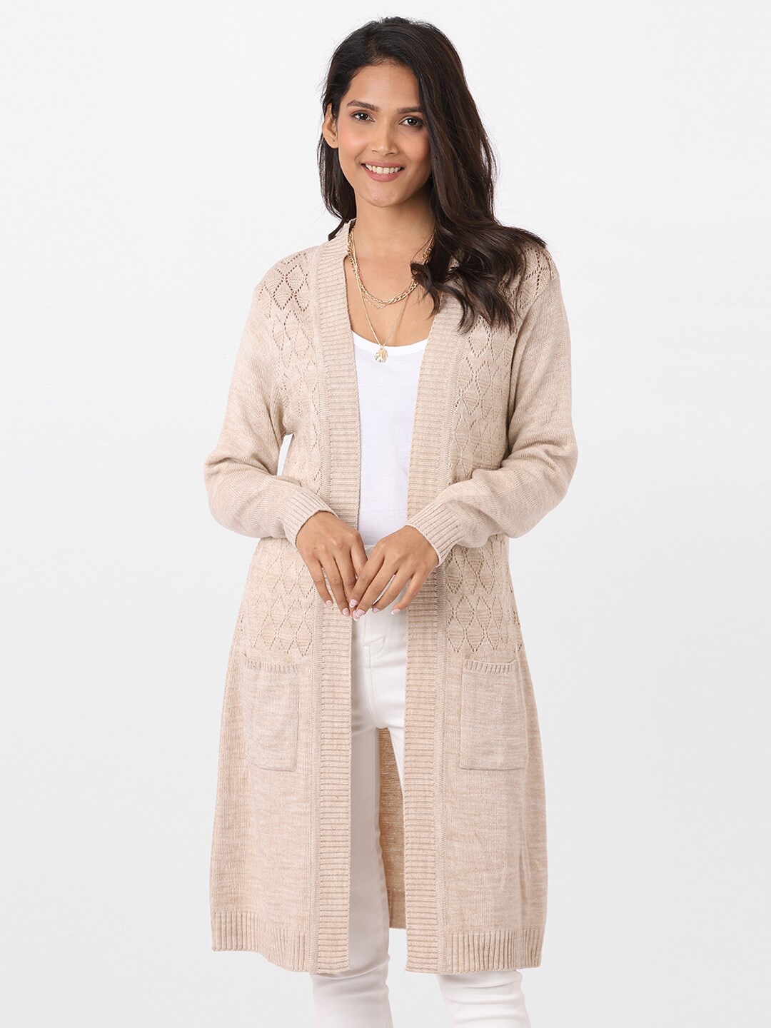 

itse Self Design Open Front Longline Shrug, Beige