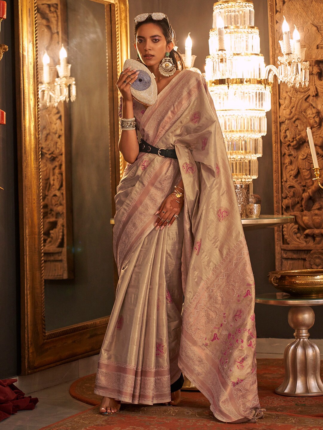 

Mitera Cream-Coloured & Pink Floral Woven Design Zari Banarasi Saree