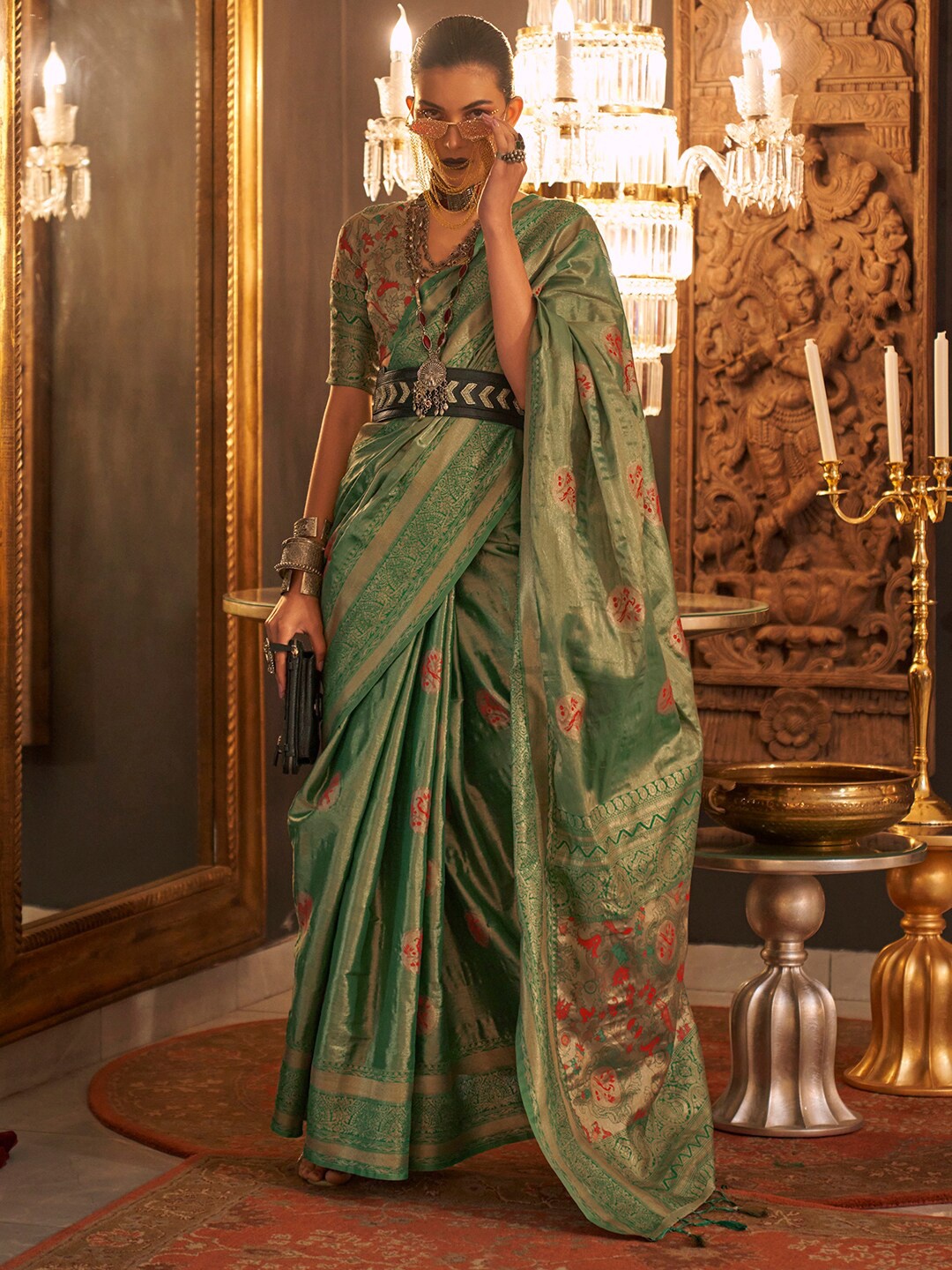 

Mitera Green & Red Floral Woven Design Zari Banarasi Saree