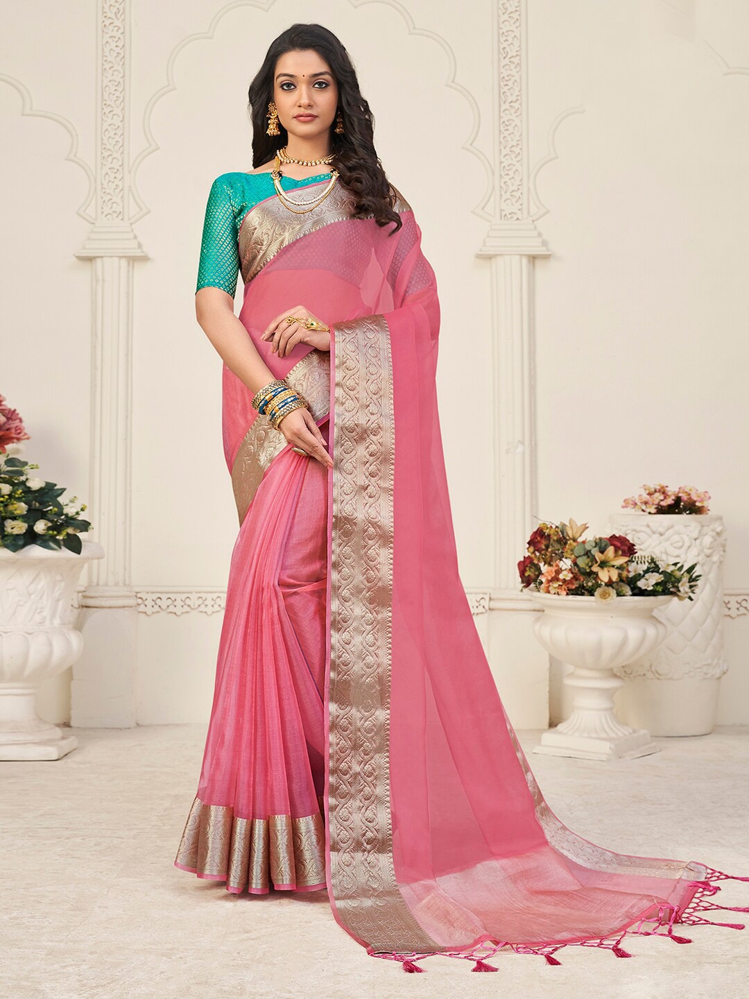 

Mitera Pink & Gold-Toned Woven design Zari Organza Saree