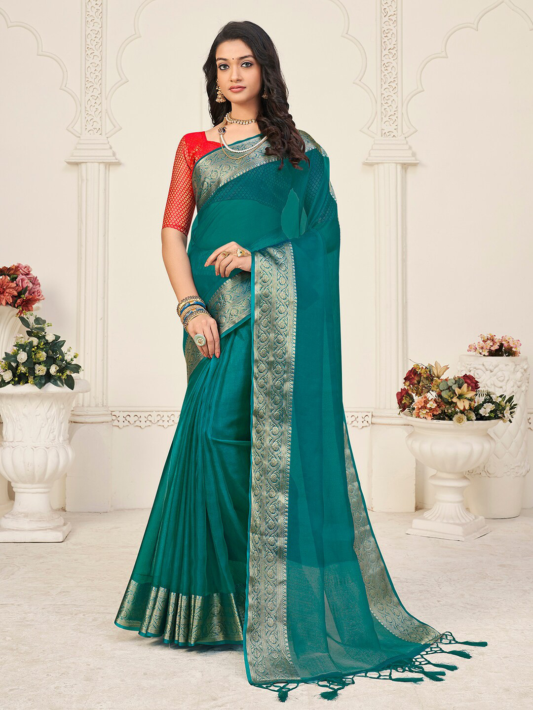 

Mitera Teal & Gold-Toned Woven design Zari Organza Saree