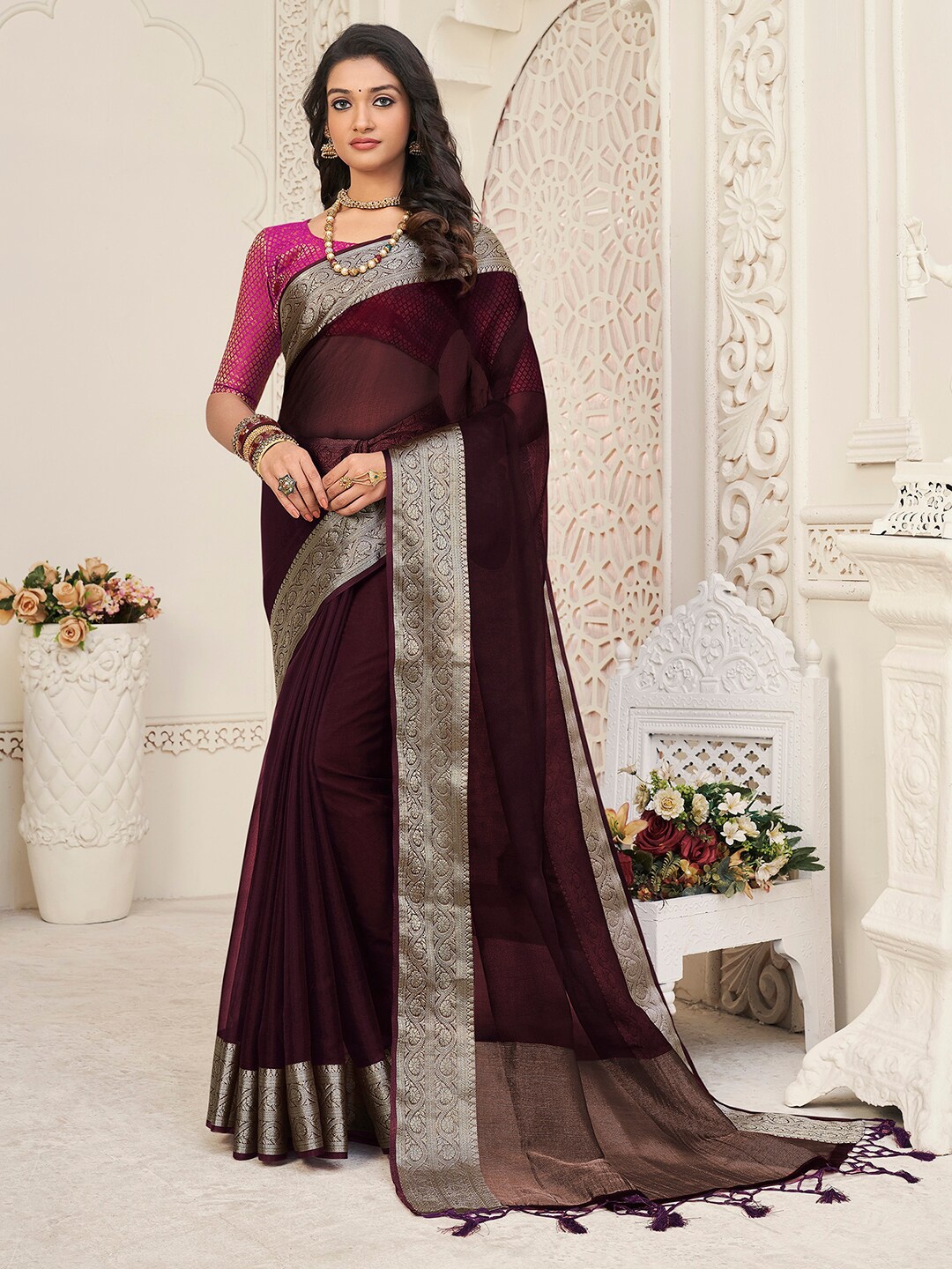 

Mitera Burgundy & Silver-Toned Woven design Zari Organza Saree