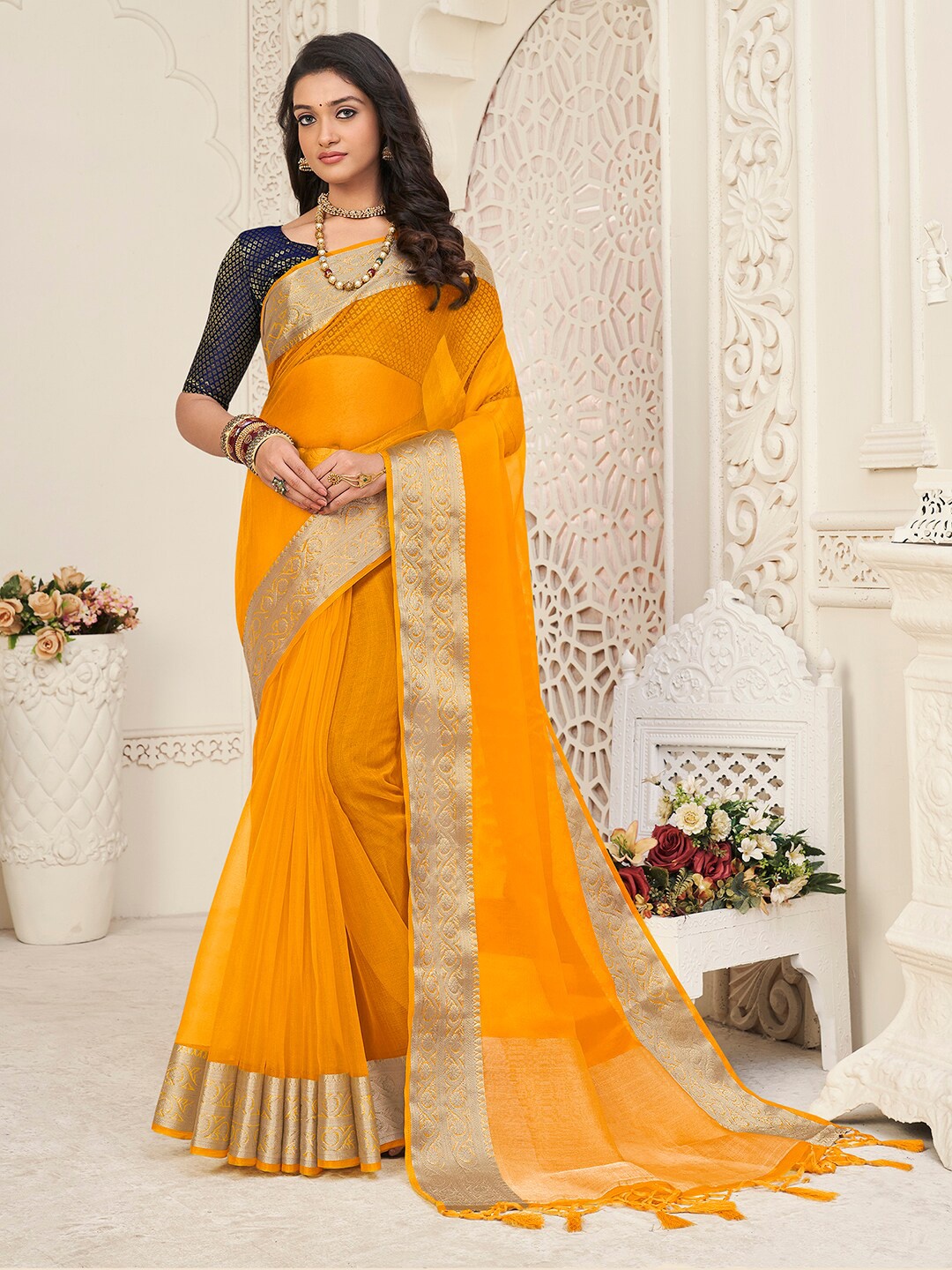 

Mitera Yellow & Gold-Toned Woven Design Zari Organza Saree