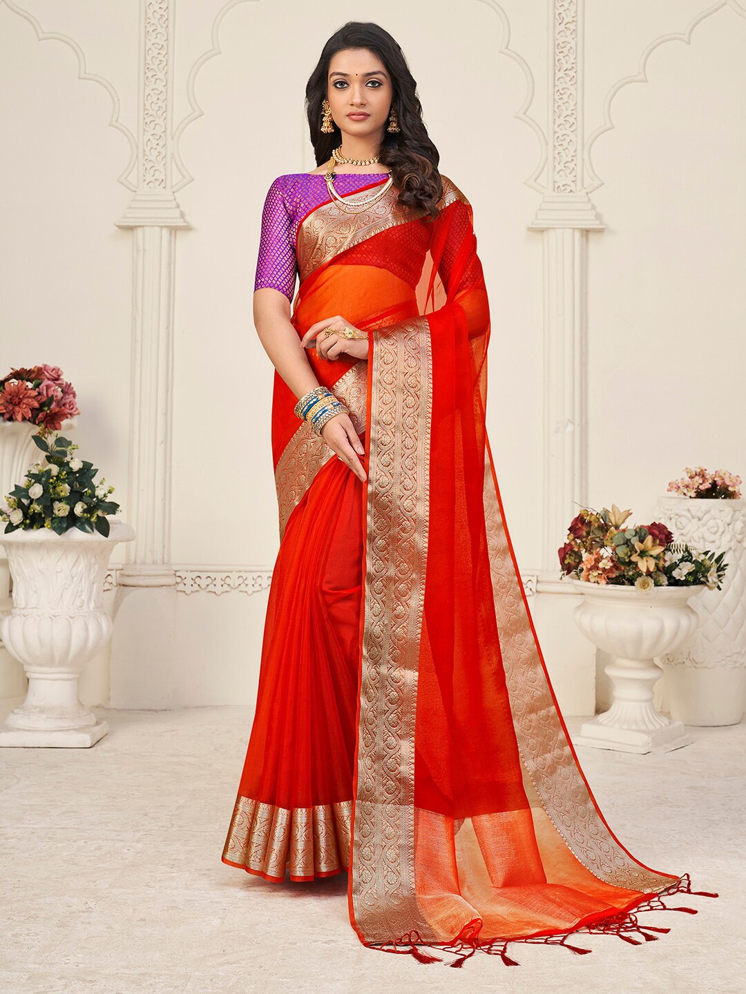 

Mitera Orange & Gold-Toned Woven Design Zari Organza Saree