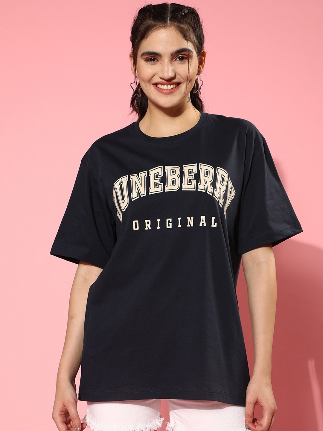 

JUNEBERRY Typography Printed Oversized Cotton T-shirt, Black